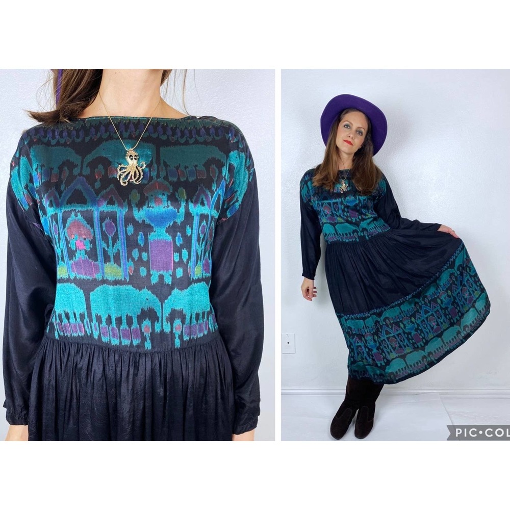 vintage 90s ELEPHANT PRINT Shimmery full skirt Midi DRESS Md/L jade green India